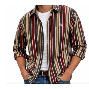 Vintage Polo Ralph Lauren Striped Button Down Shirt Mens XXL Tan Blue Burgundy